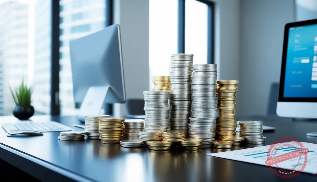 A stack of silver coins and bars arranged on a sleek, modern desk with a computer and financial documents nearby