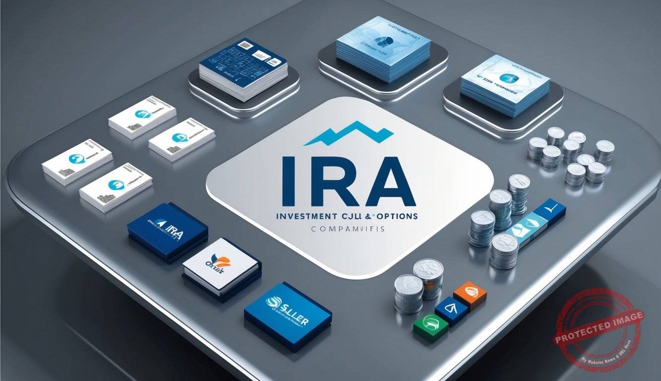 A group of diverse investment products and options displayed on a sleek, modern table. Silver IRA companies' logos prominently featured