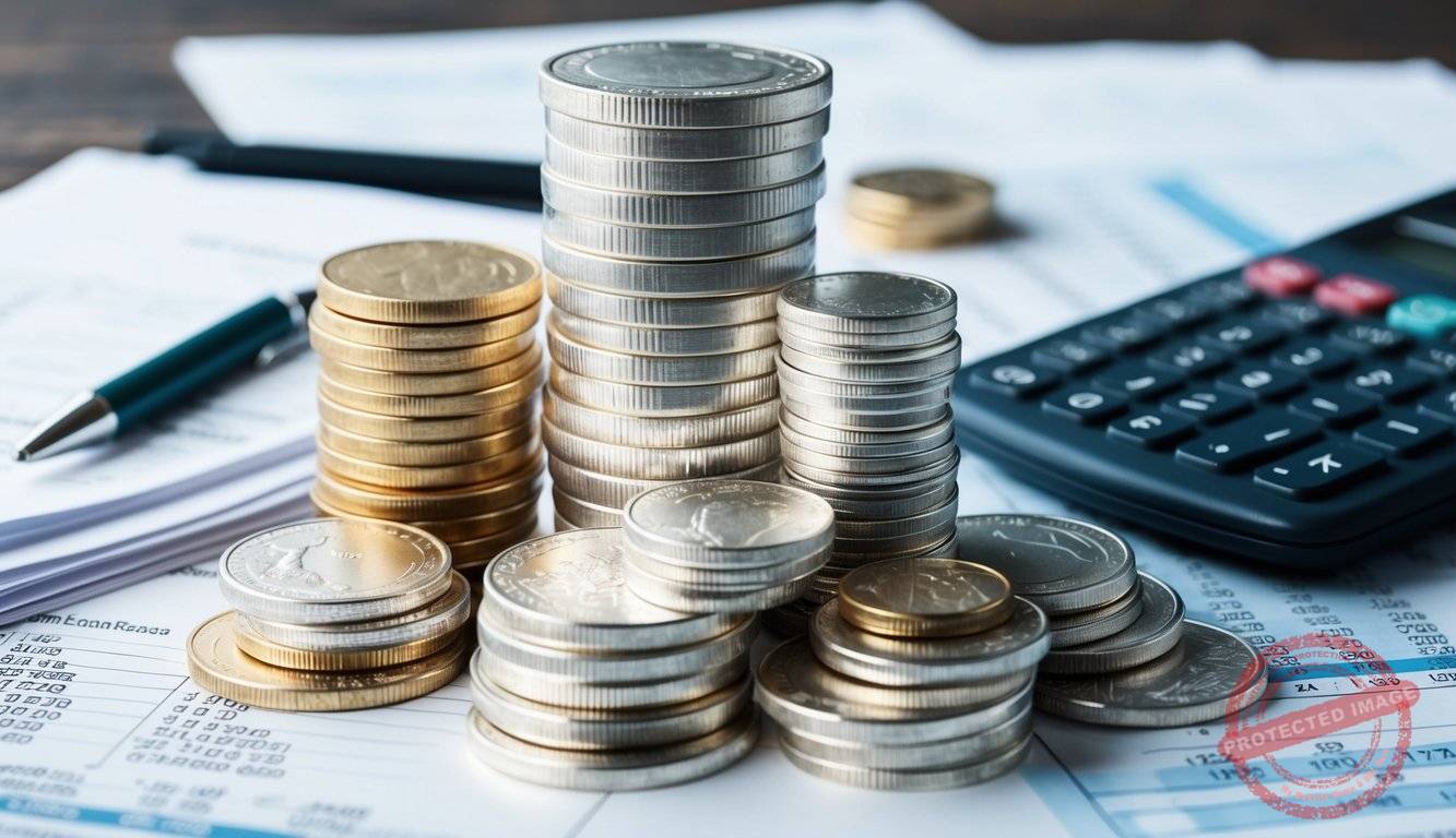 A stack of silver coins and bars surrounded by financial documents and a calculator