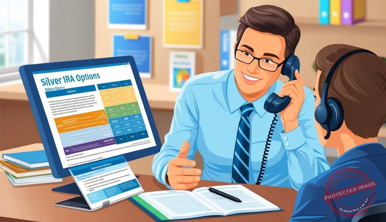 A customer service representative explaining silver IRA options to a client over the phone, with educational materials and support resources visible in the background