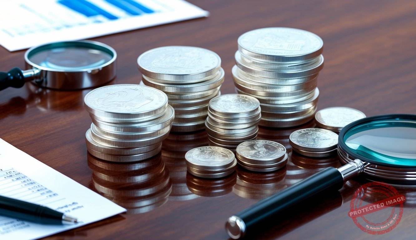 A stack of silver coins and bars arranged on a polished wooden surface, with a magnifying glass and financial documents nearby