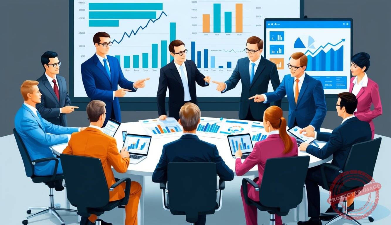 A group of financial experts gathered around a table, discussing investment options and pointing to charts and graphs on a large screen