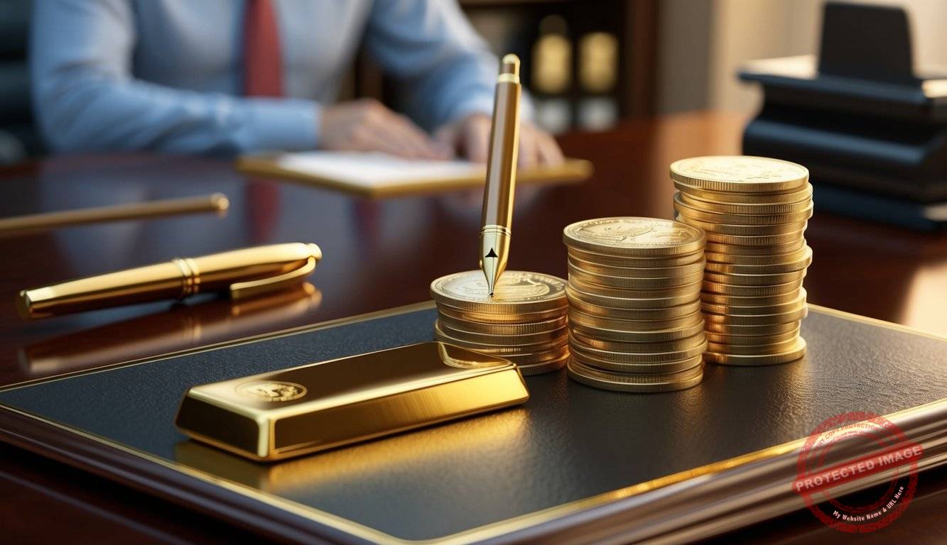 A lavish office desk with a golden pen, stack of gold coins, and a gleaming gold bullion bar