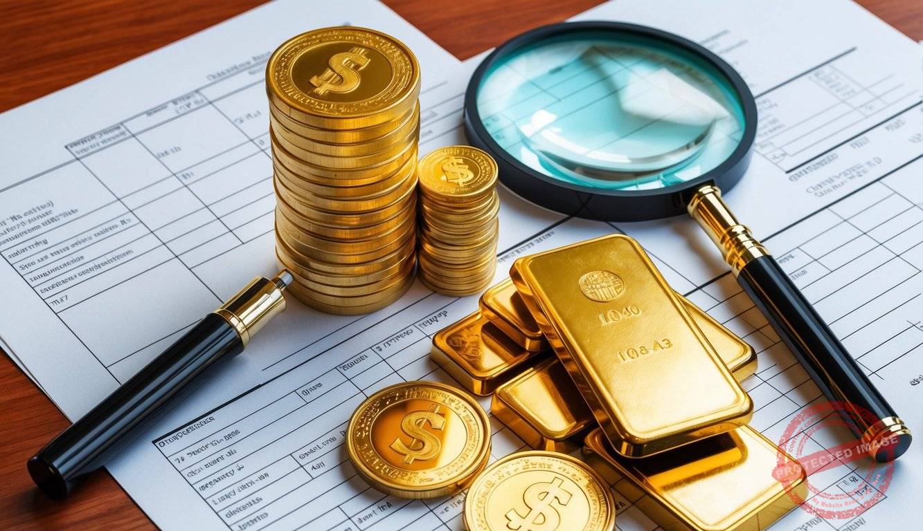 A stack of gold coins and bars, alongside financial documents and a magnifying glass