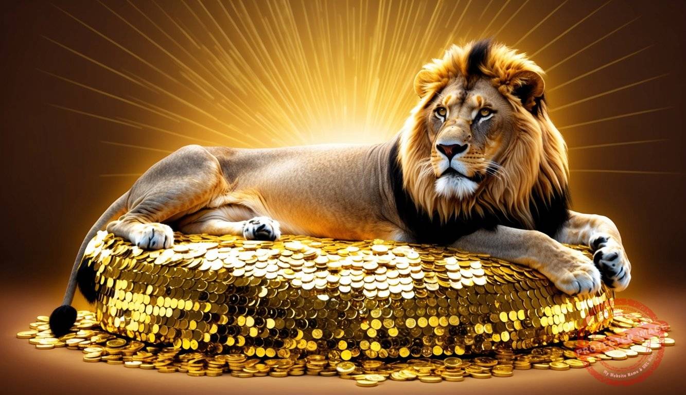 A regal lion reclining on a bed of shimmering gold coins, surrounded by a radiant glow