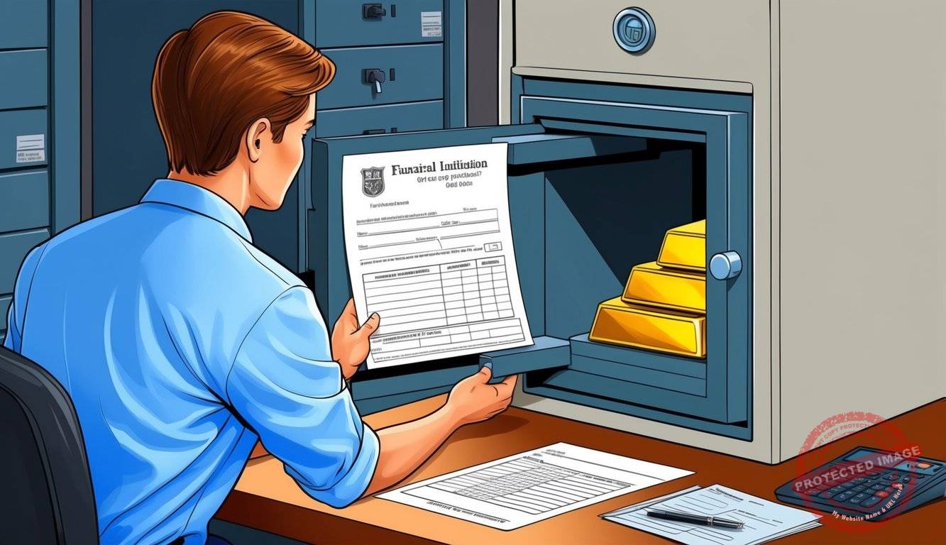 A person opening a safe deposit box, placing gold bars inside, and then filling out paperwork at a financial institution
