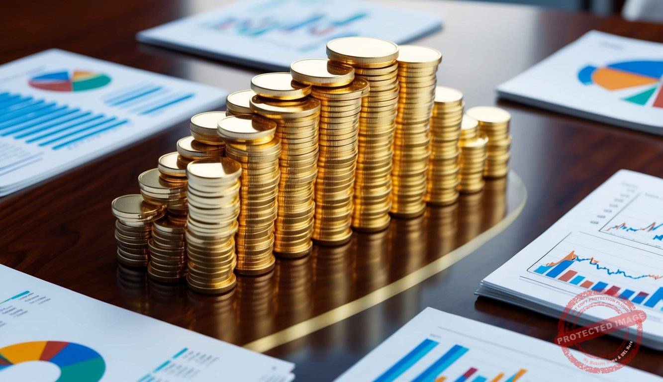 A stack of gold coins and bars arranged neatly on a polished wooden table, surrounded by financial charts and investment guides
