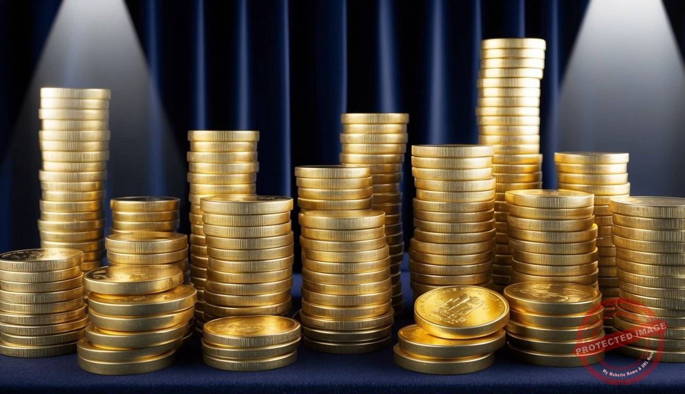 A stack of gold coins and bars arranged on a dark velvet background, with a spotlight shining on them