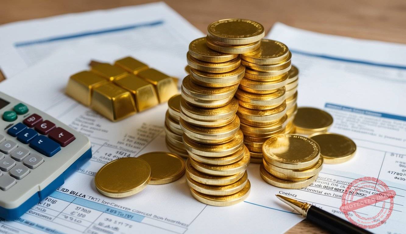 A stack of gold coins and bars surrounded by financial documents and a gold IRA kit