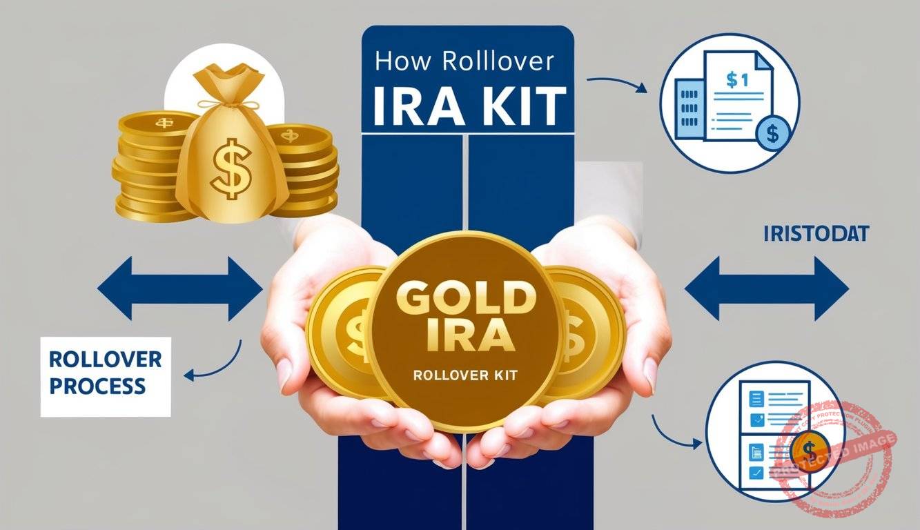 A hand holding a gold IRA kit, with arrows and diagrams illustrating the rollover process