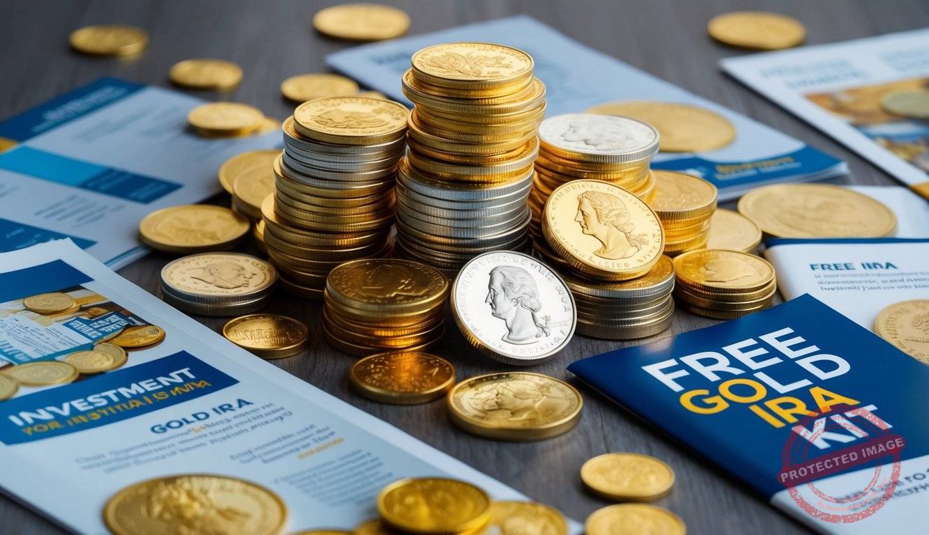 A pile of gold and silver coins surrounded by investment brochures and a free gold IRA kit