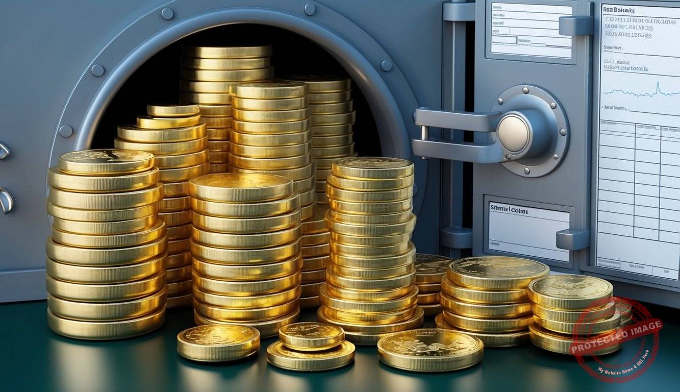 A stack of gold coins and bars surrounded by a vault door and investment forms
