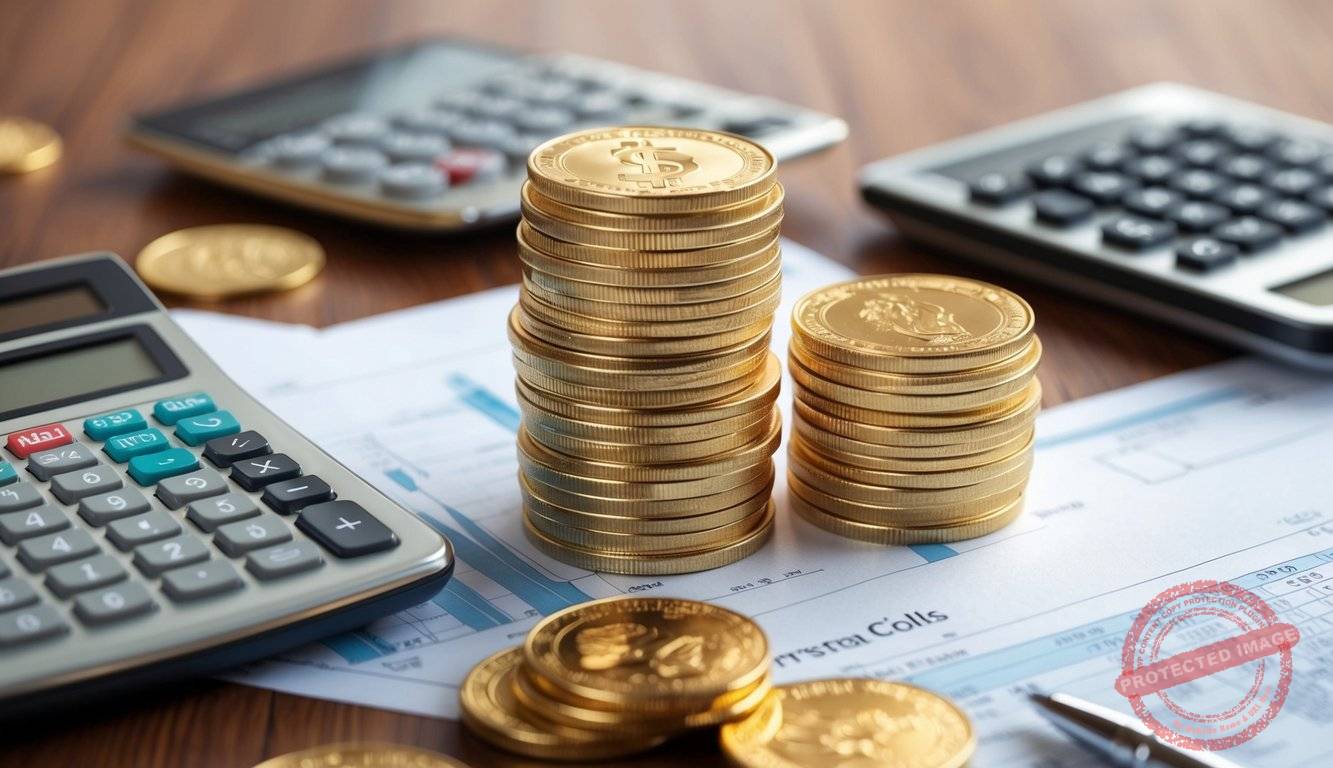 A stack of gold coins surrounded by financial documents and a calculator