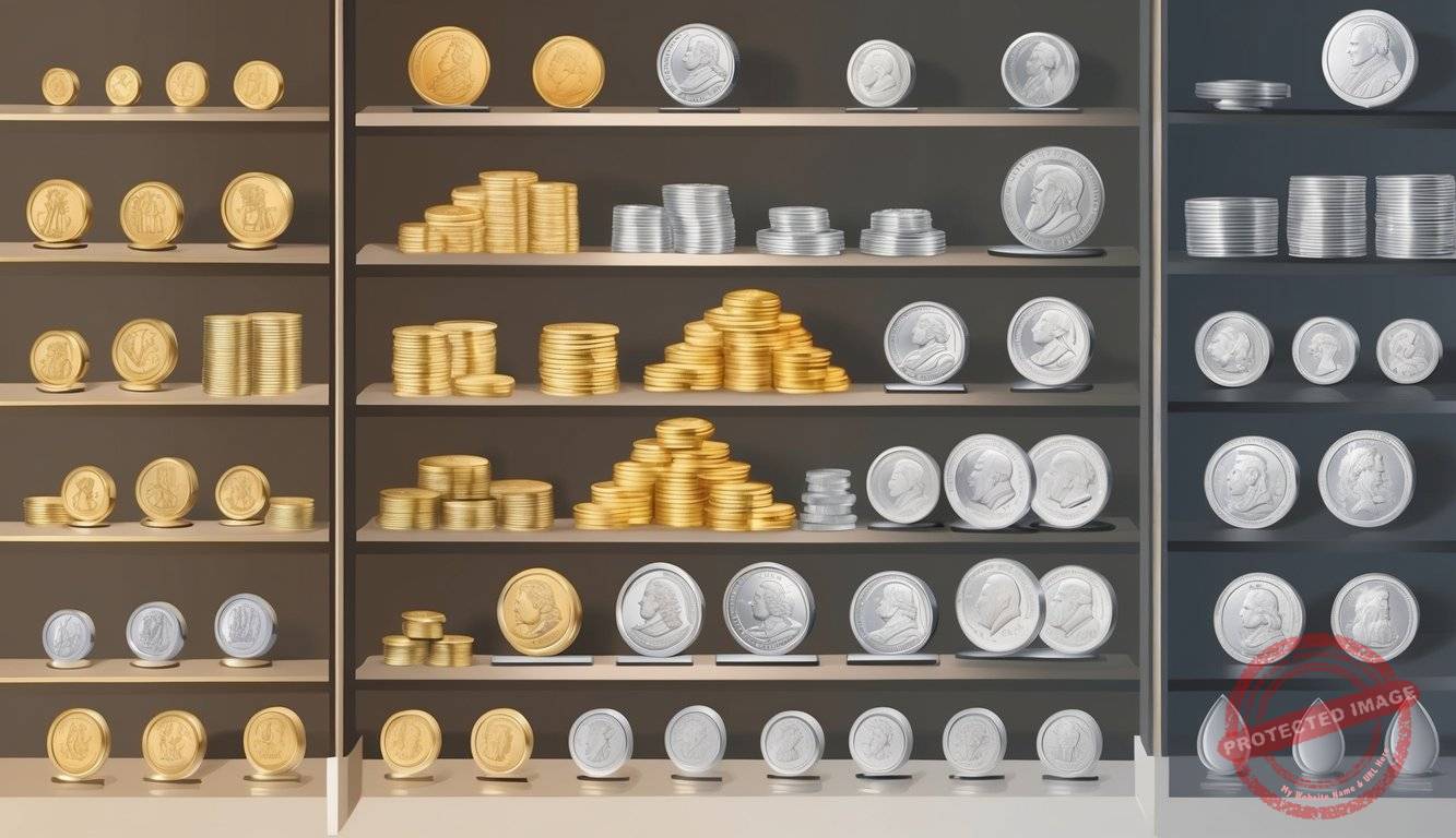 A diverse selection of precious metals, such as gold, silver, and platinum, arranged in a secure and professional setting