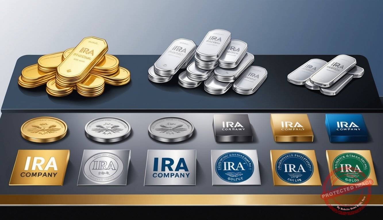 A table with various precious metals (gold, silver, platinum) and IRA company logos displayed in a sleek and professional manner