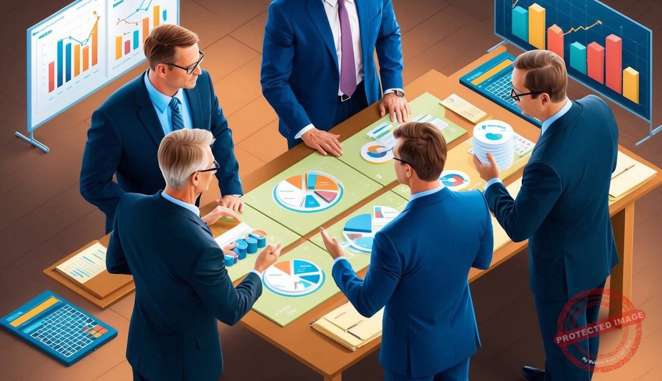 A group of financial experts discussing investment options while surrounded by charts and graphs