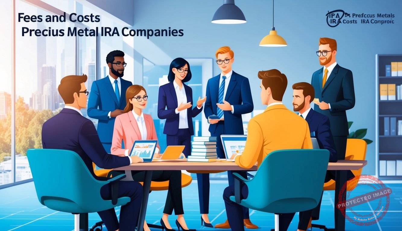 A group of financial experts discussing fees and costs for precious metals IRA companies in a modern office setting