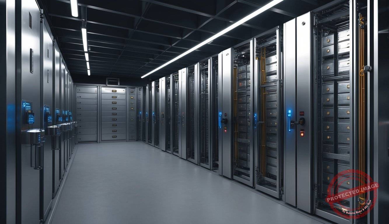 A secure vault with rows of metal storage containers and advanced security systems