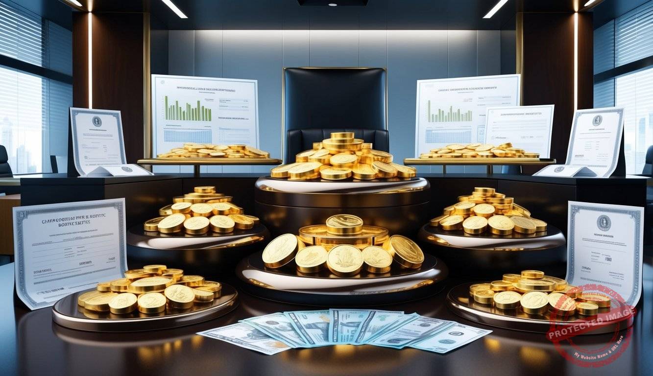 A luxurious display of precious metals and financial documents, with a sleek and modern office setting