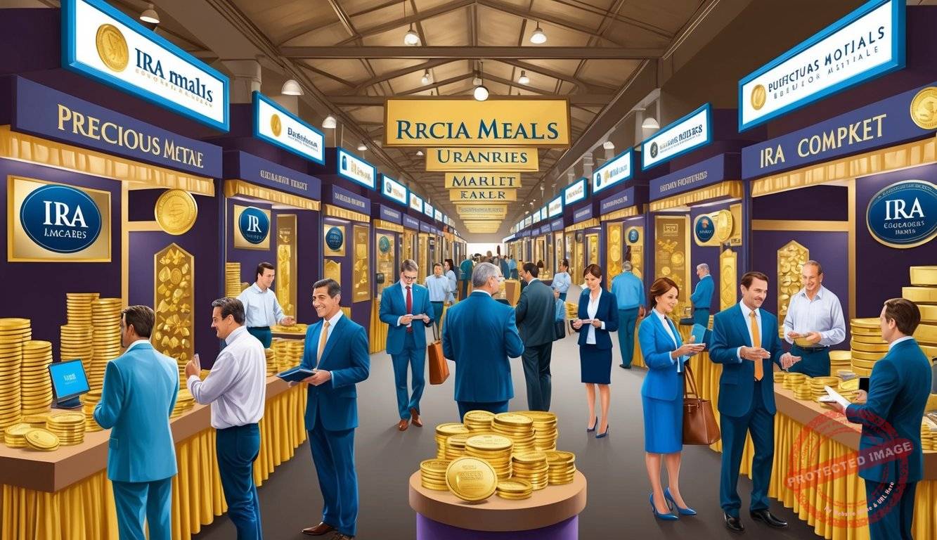A bustling market with various precious metals and IRA companies' logos displayed on booths and banners. Shoppers and professionals engage in discussions and transactions