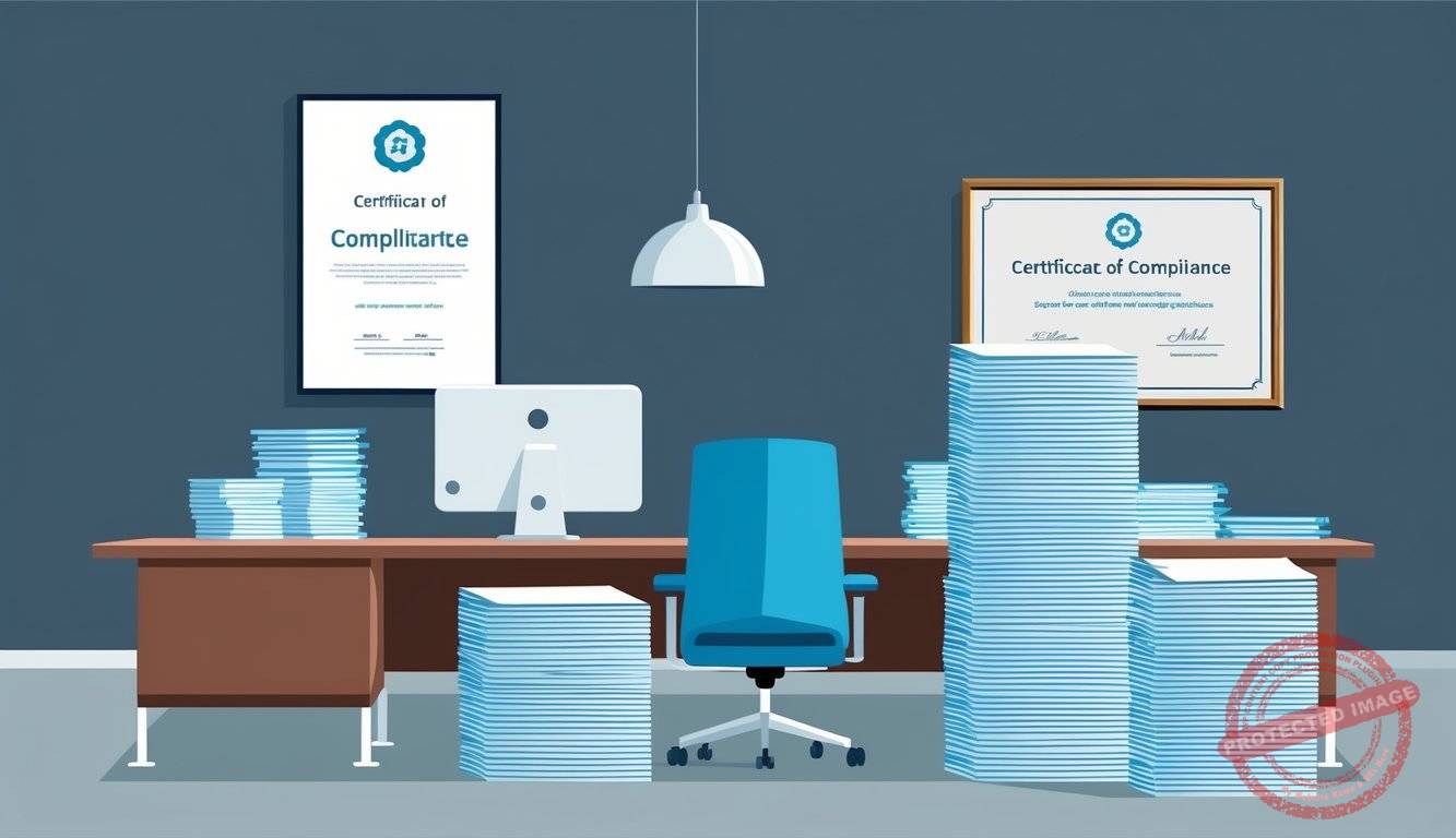 A sleek office setting with a large desk, computer, and stacks of paperwork. A framed certificate of compliance hangs on the wall