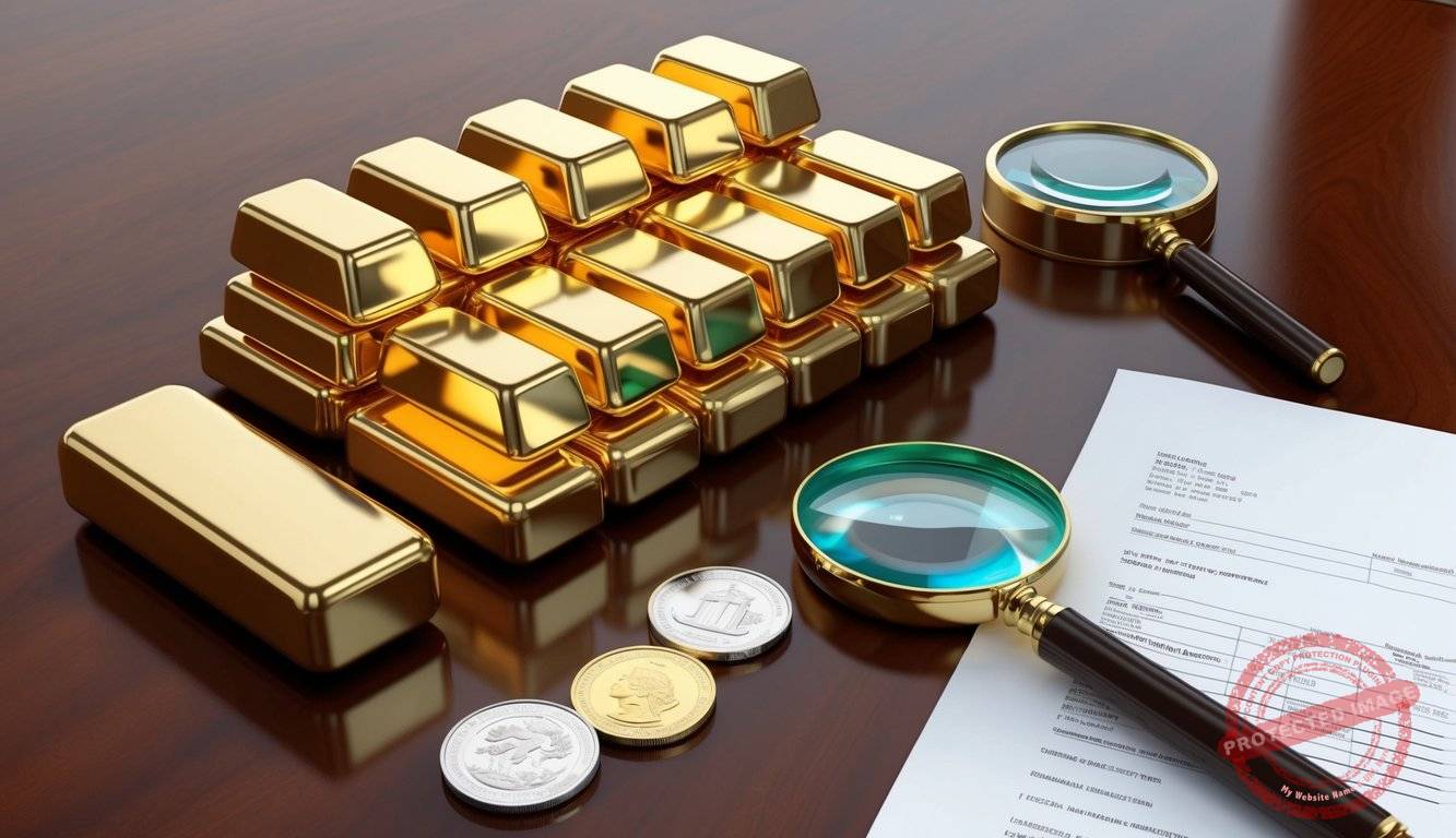 A collection of precious metal bars and coins arranged neatly on a polished wooden surface, with a magnifying glass and financial documents nearby