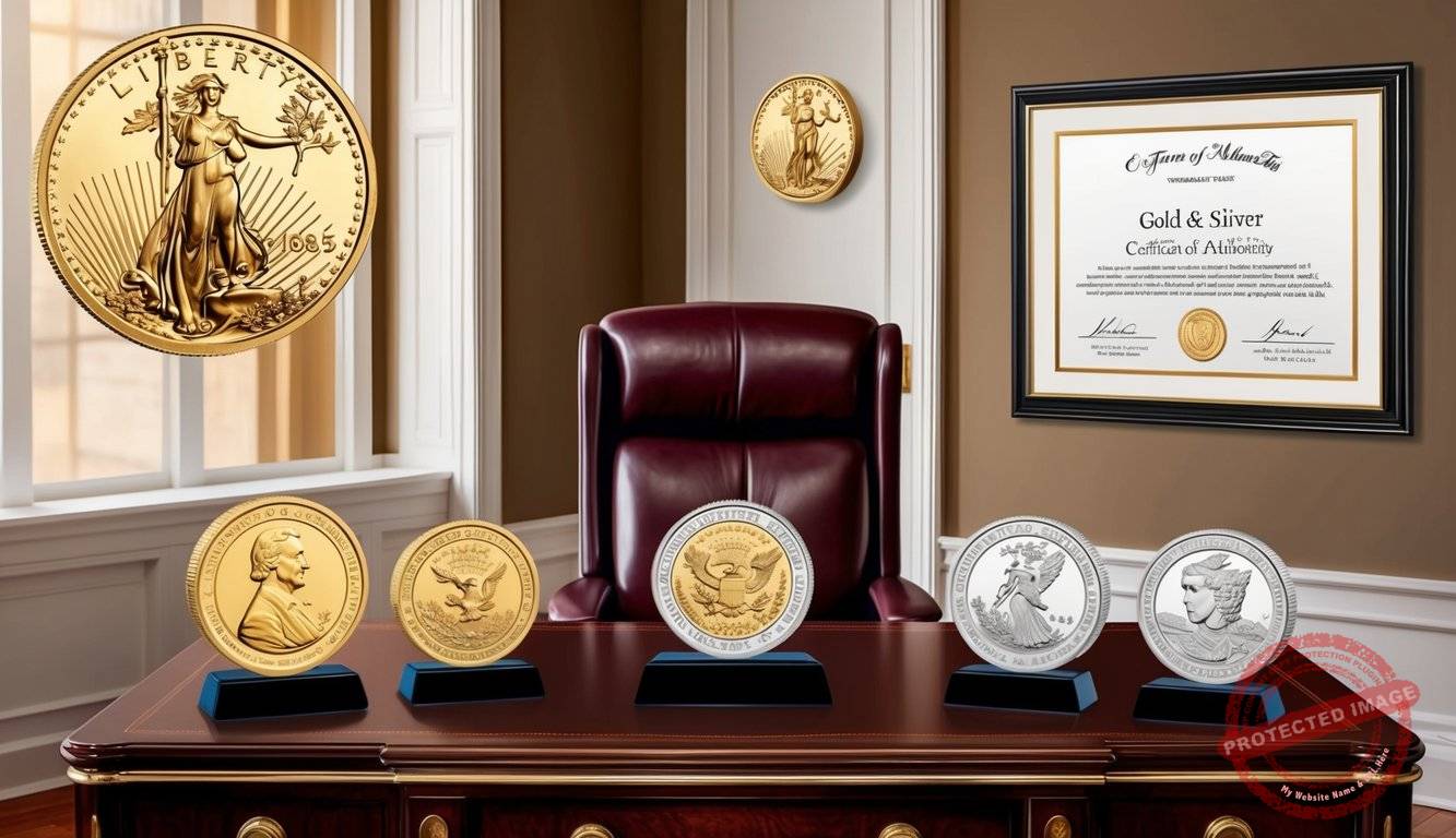 A luxurious office with gold and silver bullion displayed on a mahogany desk. A framed certificate of authenticity hangs on the wall