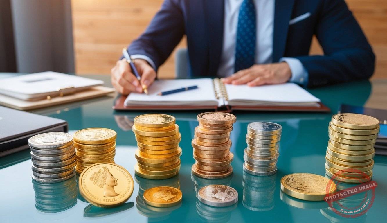 A table displaying various precious metals, coins, and investment products. A consultant assisting a customer with a portfolio review