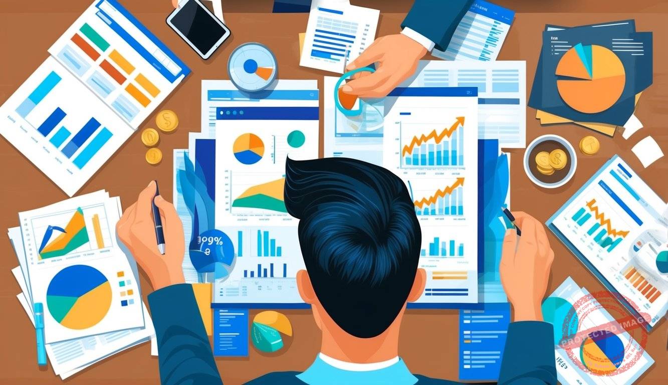 A person researching and comparing different investment options, surrounded by charts, graphs, and financial documents