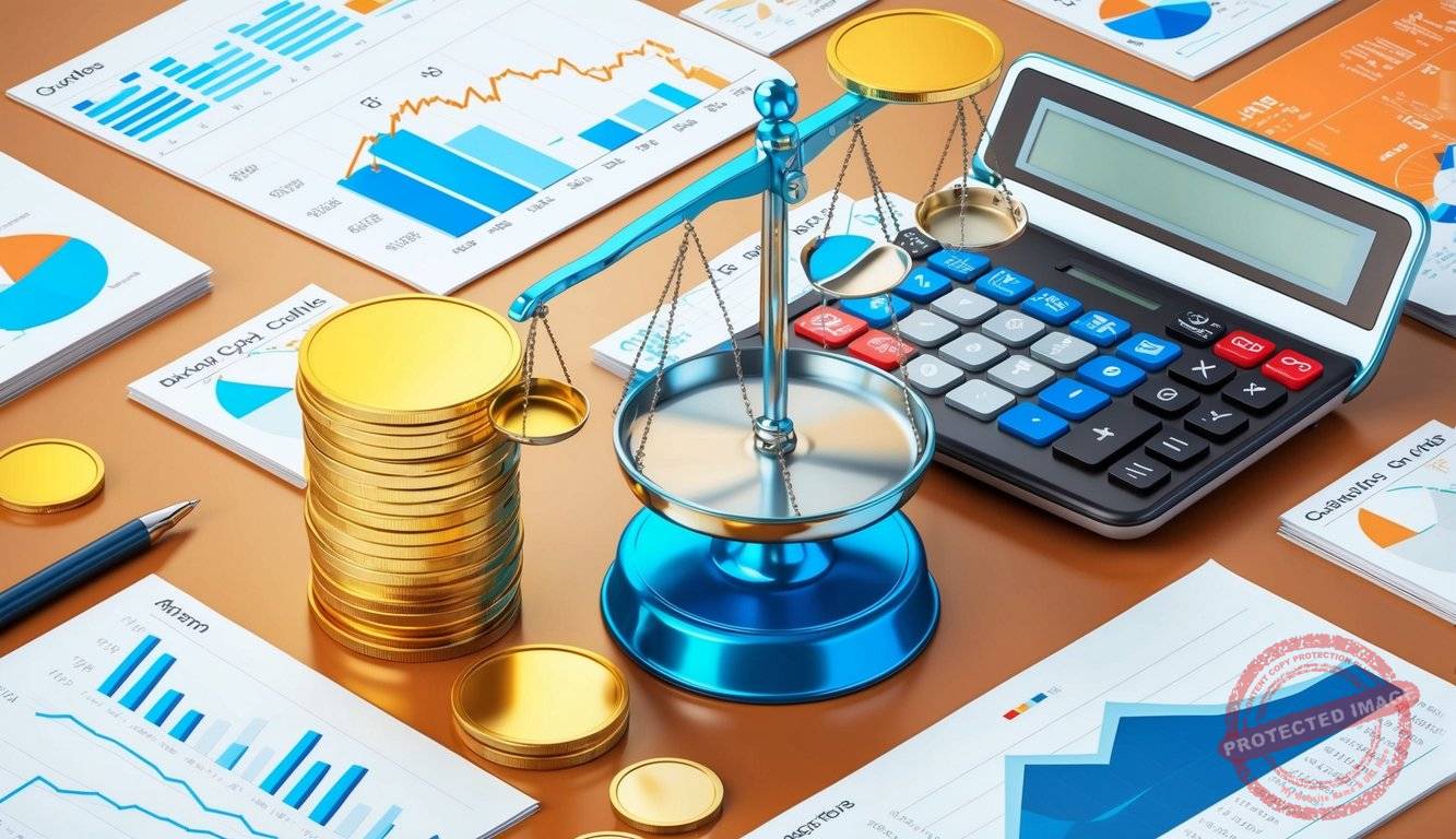 A table with gold and silver coins, a scale, and a calculator surrounded by charts and graphs