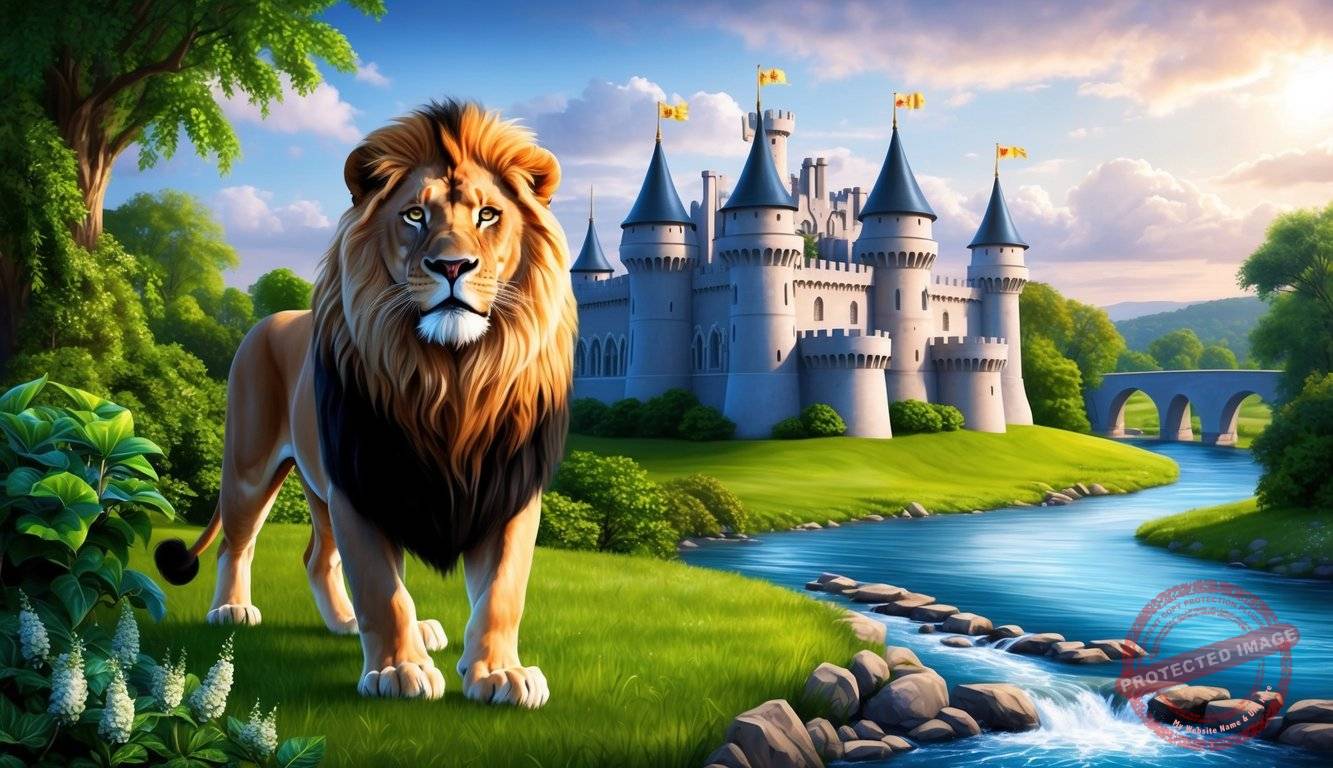 A regal lion stands proudly in front of a grand castle, surrounded by lush greenery and a flowing river, symbolizing strength and stability