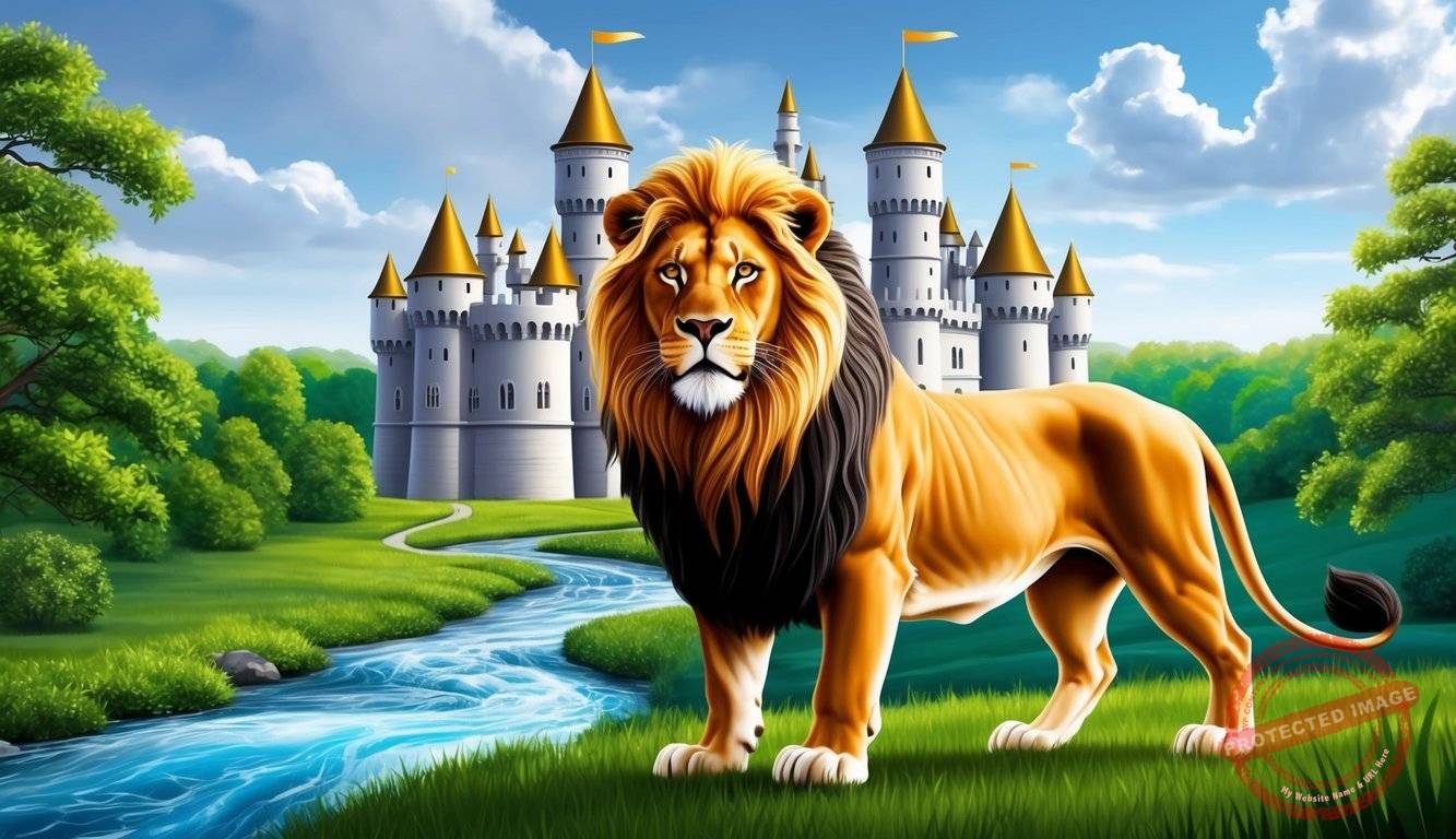 A regal lion stands proudly in front of a grand castle, surrounded by lush greenery and a flowing river, symbolizing strength and stability in Noble Gold Investments