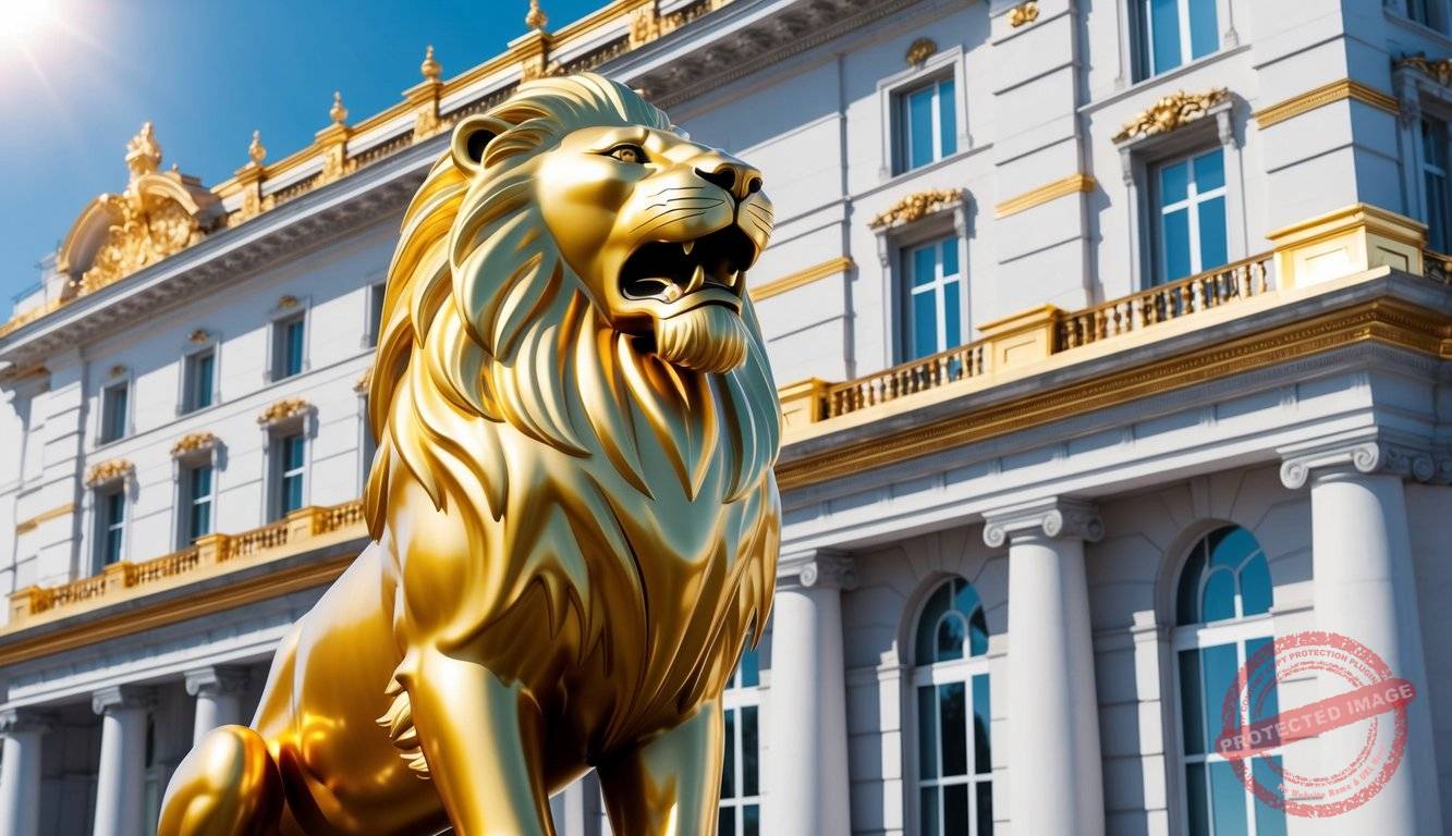 A regal lion statue stands majestically in front of a grand building, adorned with gold accents. The sun glistens off the intricate details, symbolizing the strength and stability of investing in gold with Noble Gold