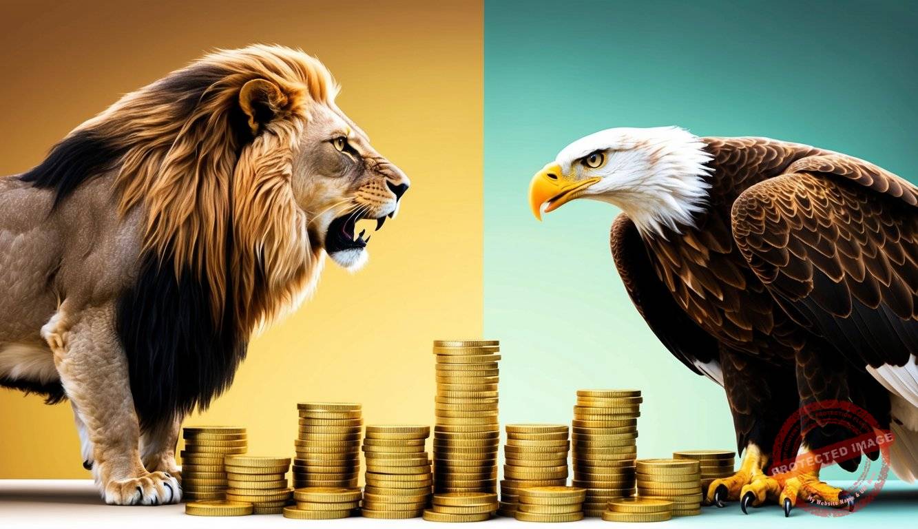 A regal lion and a majestic eagle face off in a symbolic showdown, surrounded by stacks of gold coins and bars