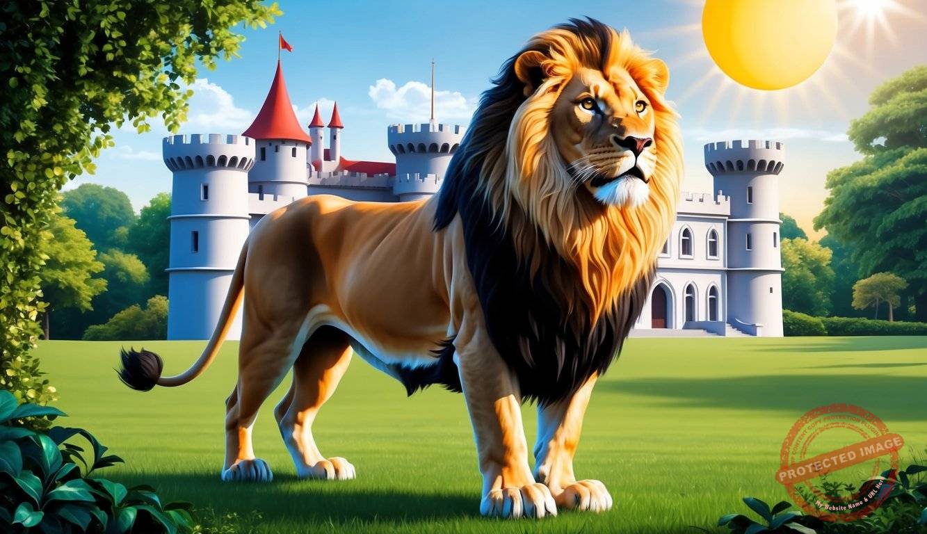 A regal lion standing proudly in front of a grand castle, with a shining sun and lush greenery in the background