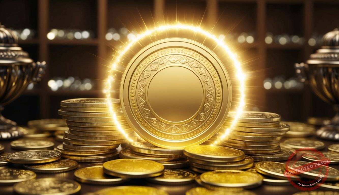 A regal golden coin surrounded by a halo of shimmering light, nestled among stacks of glistening treasure and adorned with intricate patterns