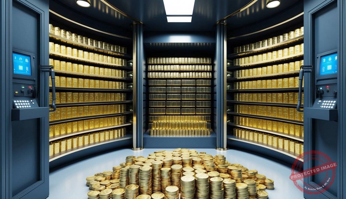 A grand and secure vault filled with rows of gleaming gold bars and stacks of precious coins, guarded by high-tech security systems