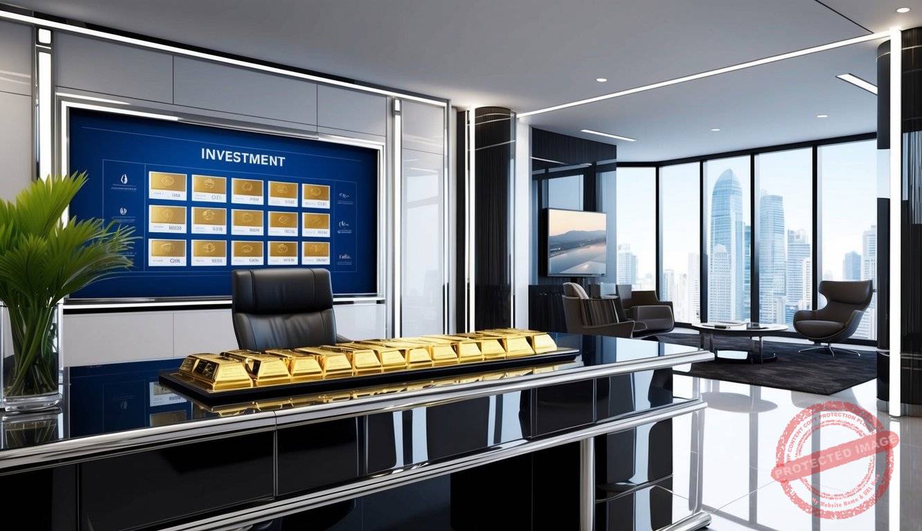 A luxurious office setting with a sleek, modern design. A polished desk displays gold investment options. A professional atmosphere with high-end amenities