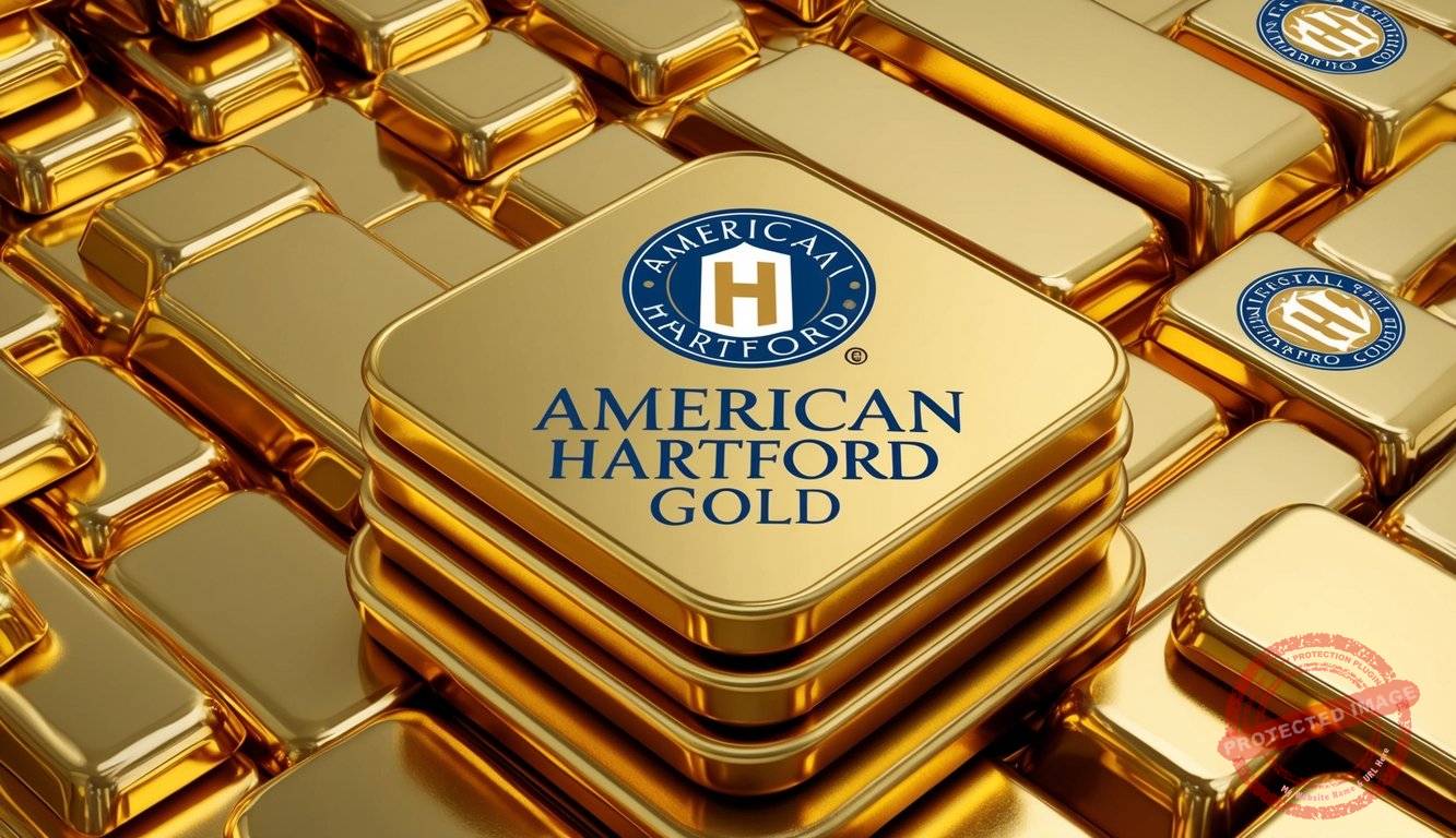 A stack of gold coins and bars with American Hartford Gold logo
