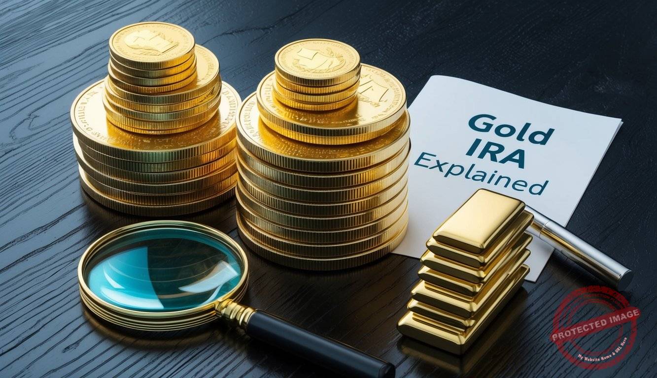 A stack of gold coins and bars arranged neatly on a dark wooden table, with a magnifying glass and a document labeled "Gold IRA Explained"