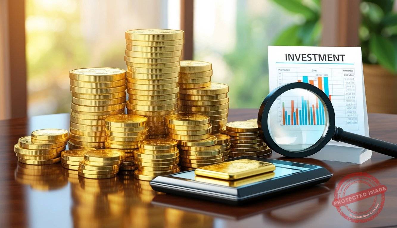 A stack of gold coins and bars displayed on a polished wooden table, with a magnifying glass and investment charts nearby