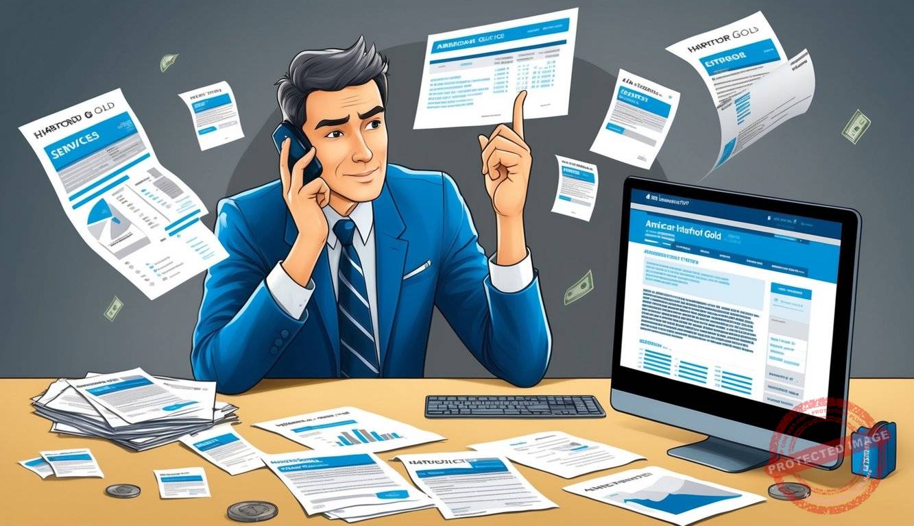 A person examining American Hartford Gold's services with a skeptical expression, surrounded by scattered financial documents and a computer displaying the company's website