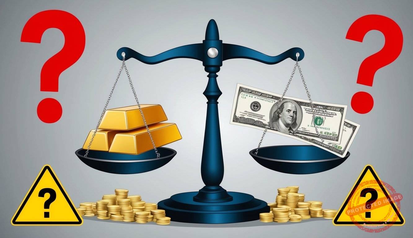 A scale balancing gold bars and dollar bills, surrounded by question marks and caution signs