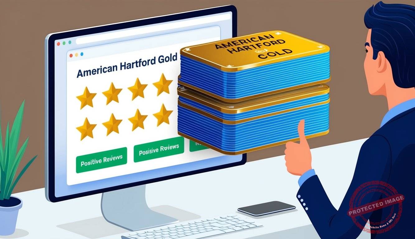 A stack of positive reviews and ratings for American Hartford Gold displayed on a computer screen, while a client gives a thumbs-up gesture