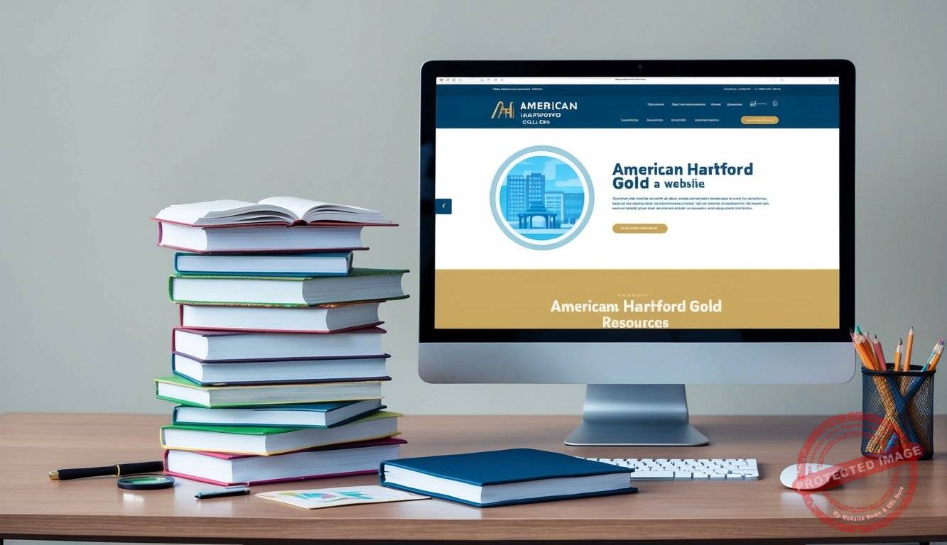 A stack of educational books and financial resources on a desk, with a magnifying glass and a computer displaying American Hartford Gold's website