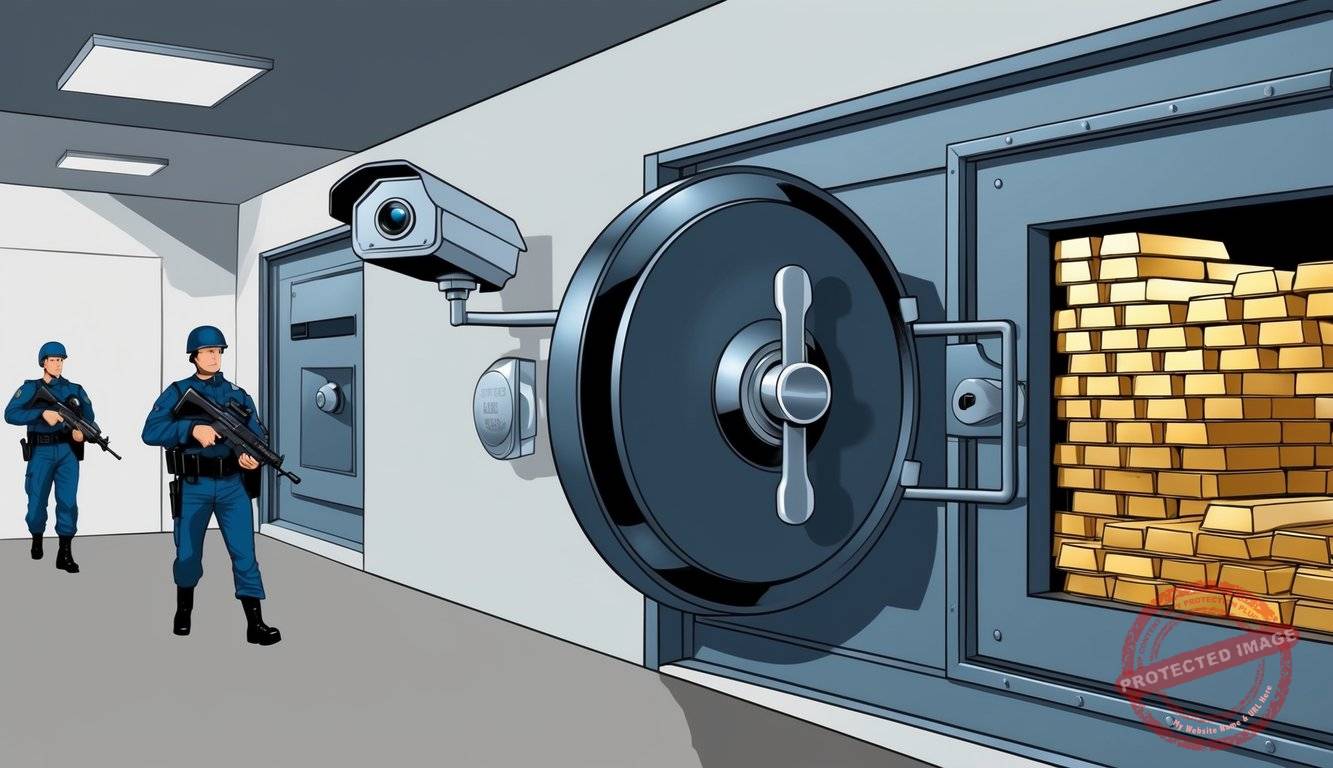 A sturdy lock secures a vault filled with gold bars. Surveillance cameras monitor the area, and armed guards patrol the perimeter