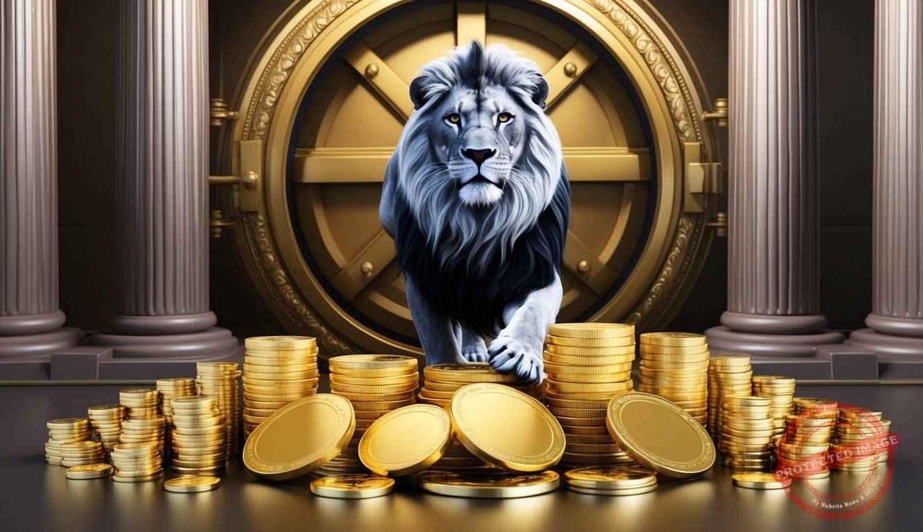 A regal lion stands guard over a collection of gleaming gold coins and bars, surrounded by ornate pillars and a grand vault door