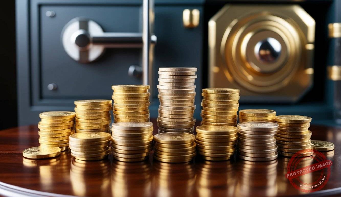 A stack of gold coins and bars arranged neatly on a polished wooden surface, with a secure-looking safe in the background