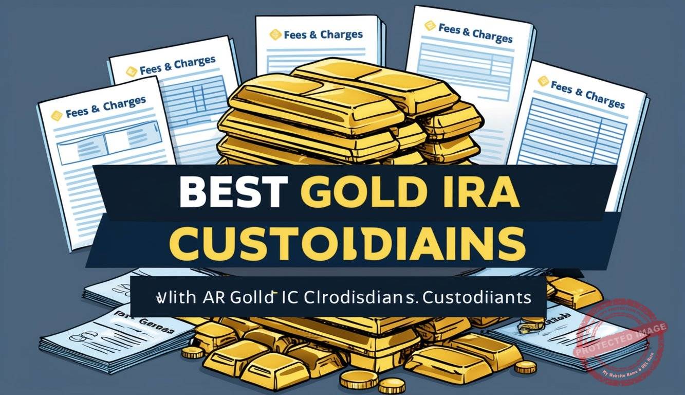 A stack of gold bars surrounded by various fees and charges documents, with a prominent "Best Gold IRA Custodians" title