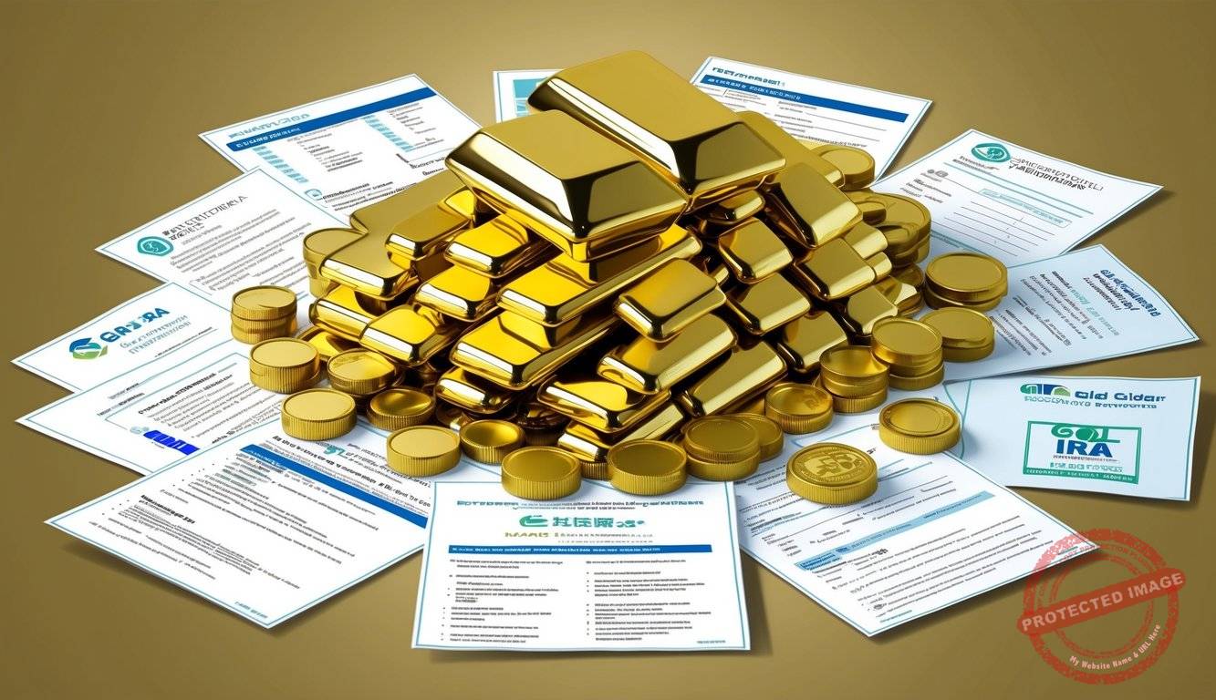 A pile of gold bars and coins surrounded by various investment options and restrictions documents, with the logos of top Gold IRA custodians displayed prominently